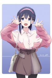 Rule 34 | 1girl, :d, black hair, blue background, blue eyes, brown skirt, commentary request, dated, hairband, hands up, highres, looking at viewer, nii manabu, open mouth, original, pink hairband, pink shirt, shirt, short hair, signature, skirt, smile, solo, two-tone background, two-tone shirt, white background, white bag, white shirt