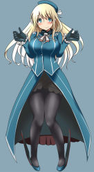 Rule 34 | 10s, 1girl, atago (kancolle), bad id, bad pixiv id, beret, black gloves, black pantyhose, blonde hair, blue background, blue eyes, blue hat, blue jacket, breasts, commentary request, eyebrows, frilled sleeves, frills, full body, gloves, hair between eyes, hands up, hat, high heels, highres, jacket, kantai collection, knees together feet apart, large breasts, long hair, looking at viewer, neck ribbon, open clothes, open skirt, pantyhose, pigeon-toed, ribbon, sidelocks, simple background, sketch, skirt, smile, solo, w arms, yoiyoi (kannkann100)