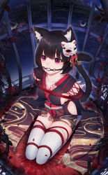 Rule 34 | 1girl, 7t, absurdres, animal ear fluff, animal ears, arms behind back, azur lane, ball gag, bdsm, black hair, bondage, bound, bound arms, breasts, cage, cat ears, cat girl, cat tail, chinese commentary, collarbone, commentary request, cushion, dutch angle, female focus, from above, full body, gag, gagged, highres, in cage, japanese clothes, kimono, kneeling, large breasts, looking at viewer, looking up, mask, mask on head, obi, obijime, petals, plant, red eyes, red rope, rope, sash, seiza, shibari, short hair, short kimono, sideboob, sitting, sleeveless, sleeveless kimono, solo, tail, thick eyebrows, thighhighs, thorns, vines, white thighhighs, wiffle gag, yamashiro (azur lane)
