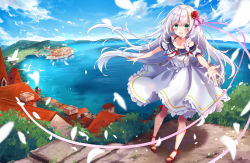 Rule 34 | 1girl, :d, ahoge, animal ears, aqua eyes, bare shoulders, bird, blue sky, blurry, blurry foreground, blush, braid, breasts, building, chimney, cloud, cloudy sky, collarbone, commentary request, day, dove, dress, feathers, flower, frilled dress, frills, hair flower, hair ornament, hair ribbon, highres, horizon, kisaragi yuri, legs apart, long hair, looking at viewer, mountain, neck ribbon, ocean, off shoulder, open mouth, original, outdoors, outstretched hand, pink ribbon, red flower, red footwear, red ribbon, ribbon, rose, scenery, short sleeves, sidelocks, sky, small breasts, smile, solo, standing, town, very long hair, water, white dress, white hair