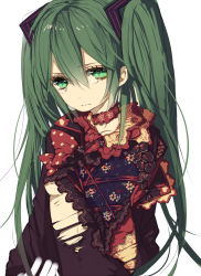 Rule 34 | 1girl, green eyes, green hair, hatsune miku, kano (0ys76sbi), long hair, matching hair/eyes, simple background, solo, tears, torn clothes, twintails, vocaloid