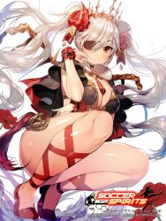 Rule 34 | 1girl, bad id, bad pixiv id, blush, breasts, capelet, choker, cleavage, closed mouth, copyright name, cow demon queen, eyepatch, floating hair, flower, full body, horn ornament, horns, leg ribbon, long hair, looking at viewer, medium breasts, official art, red eyes, red footwear, ribbon, shoes, silver hair, soccer spirits, solo, squatting, sukja, tail, tiara, twintails, wrist cuffs