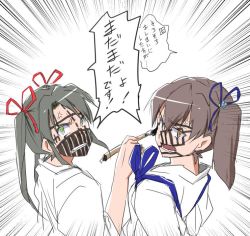 Rule 34 | 10s, 2girls, bad id, bad twitter id, brown hair, drawing on another&#039;s face, gmgt (gggggg3), hair ribbon, japanese clothes, kaga (kancolle), kantai collection, long hair, multiple girls, ribbon, side ponytail, translation request, twintails, zuikaku (kancolle)