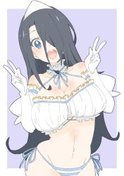 Rule 34 | 1girl, :d, absurdres, bad id, bad twitter id, black hair, blue eyes, blue panties, blue ribbon, breasts, cleavage, donguri suzume, double w, elbow gloves, gloves, hair over one eye, halterneck, hands up, head tilt, highres, huge breasts, long hair, looking at viewer, navel, neck ribbon, one eye covered, open mouth, original, panties, purple background, ribbon, round teeth, simple background, smile, solo, striped clothes, striped panties, teeth, triangular headpiece, underwear, w, white gloves