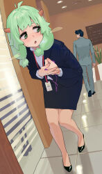 Rule 34 | 1boy, 1girl, animal ears, black footwear, blue jacket, blue skirt, blush, collared shirt, commentary, discreet vibrator, dutch angle, english commentary, eyelashes, formal, green eyes, green hair, heavy breathing, high heels, highres, holding, indoors, jacket, knees together feet apart, leaning forward, long hair, long sleeves, name tag, office lady, original, pencil skirt, public indecency, public vibrator, sex toy, shirt, short eyebrows, skirt, skirt suit, sneaking, some1else45, standing, suit, sweatdrop, thick eyebrows, tile floor, tiles, twintails, vibrator, white shirt