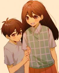 Rule 34 | 1boy, 1girl, ahoge, blush stickers, brown eyes, brown hair, closed mouth, collared shirt, green sweater vest, grey shirt, hair between eyes, height difference, highres, holding another&#039;s arm, long hair, looking at another, mari (omori), omori, open mouth, orange skirt, plaid sweater vest, pleated skirt, sepia background, shirt, short hair, simple background, skirt, smile, sunny (omori), sweater vest, teeth, white shirt, wosinnk