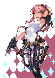 Rule 34 | :d, absurdres, arm strap, arm up, armpits, black gloves, black legwear, blue eyes, breasts, cleavage, covered navel, dual wielding, gloves, gun, hair ornament, hair stick, highres, holding, holster, juesnow, kunai, leotard, long hair, looking at viewer, medium breasts, open mouth, pink hair, ponytail, sidelocks, simple background, smile, solo, standing, standing on one leg, submachine gun, thigh holster, thigh strap, weapon