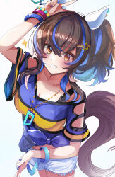 Rule 34 | 1girl, animal ears, bare shoulders, bead bracelet, beads, blue hair, blue nails, bracelet, brown hair, clothing cutout, colored inner hair, commentary request, daitaku helios (umamusume), ear covers, ear piercing, grin, hair ornament, hairclip, hanamura pink, highres, horse ears, horse girl, horse tail, jewelry, looking at viewer, medium hair, midriff, multicolored hair, necklace, piercing, shirt, shorts, shoulder cutout, side ponytail, simple background, smile, solo, star (symbol), star hair ornament, streaked hair, striped clothes, striped shirt, tail, tied shirt, umamusume, v, white background, white shorts, yellow eyes