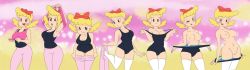 Rule 34 | 1girl, black leotard, blonde hair, blush, bow, breasts, cleavage, closed mouth, earrings, flat color, hair bow, jewelry, unworn legwear, leotard, leotard removed, leotard under clothes, linda lovely (wowser), long image, looking at viewer, medium breasts, minuspal, multicolored background, navel, nipples, one eye closed, open mouth, pink shirt, pink thighhighs, pussy, red bow, retro artstyle, shirt, smile, standing, taking off, tank top, thighhighs, tongue, tongue out, uncensored, white thighhighs, wide image, wowser