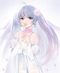 Rule 34 | 1girl, ahoge, blue hair, choker, collarbone, detached sleeves, dress, floating hair, flower, gou lianlian dogface, green eyes, hatsune miku, highres, holding, holding flower, jewelry, long hair, long sleeves, looking at viewer, necklace, panties, petals, see-through, sleeveless, sleeveless dress, solo, standing, striped clothes, striped dress, twintails, underwear, upper body, veil, very long hair, vocaloid, white background, white dress, white panties, white sleeves, yellow flower
