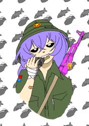Rule 34 | absurdres, bandaged hand, blouse, breast pocket, clothes writing, collared shirt, cropped torso, explosive, fish, flat color, green shirt, grenade, hair between eyes, highres, holding, holding grenade, pacbo chan, pocket, shirt, solo, tagme, weapon, weapon on back, white background