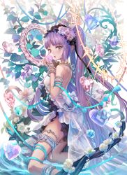 Rule 34 | 1girl, :o, armlet, bare shoulders, blunt bangs, blush, bracelet, breasts, crystal, dress, euryale (fate), euryale (third ascension) (fate), fate/hollow ataraxia, fate (series), flower, from side, hair flower, hair ornament, hairband, headdress, heart, jewelry, kneeling, leaf, lolita hairband, long hair, looking at viewer, looking to the side, mirror, open mouth, purple eyes, purple flower, purple hair, purple rose, rose, small breasts, solo, thighlet, torino aqua, twintails, very long hair, white dress
