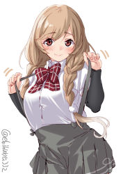 Rule 34 | 1girl, arm warmers, arms at sides, bow, bowtie, braid, brown eyes, cloud hair ornament, ebifurya, gradient hair, highres, kantai collection, light brown hair, long hair, low twin braids, minegumo (kancolle), multicolored hair, one-hour drawing challenge, plaid, plaid bow, plaid bowtie, plaid neckwear, pleated skirt, red bow, red bowtie, shirt, simple background, skirt, solo, suspender skirt, suspenders, suspenders pull, swept bangs, twin braids, white background, white shirt