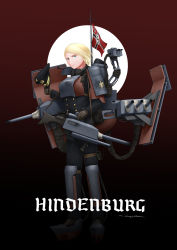 Rule 34 | 1girl, absurdres, armor, black gloves, blonde hair, blue eyes, breastplate, cannon, character name, commentary, dark background, english commentary, flag, full body, gloves, hat, unworn hat, headphones, headphones around neck, unworn headwear, highres, hindenburg (ryan greythorn), holding, holding clothes, holding hat, kriegsmarine, long sleeves, machinery, military, military uniform, nazi war ensign, original, peaked cap, personification, pouch, rigging, ryan greythorn, shin guards, short hair, signature, solo, standing, turret, uniform, world of warships