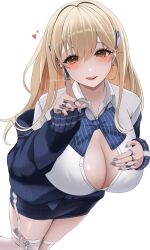 Rule 34 | 1girl, blonde hair, blue bow, blue bowtie, blue jacket, blush, bow, bowtie, breasts, brown eyes, claw ring, cleavage, collared shirt, goddess of victory: nikke, hair ornament, heart, highres, huge breasts, jacket, jewelry, long hair, milmil7, multiple rings, off shoulder, open clothes, open jacket, open mouth, partially unbuttoned, ring, shirt, simple background, sleeves past wrists, smile, solo, thighhighs, tia (nikke), white background, white shirt