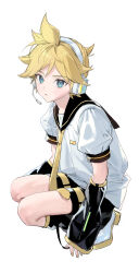 Rule 34 | 1boy, absurdres, aqua eyes, bass clef, black shorts, blonde hair, detached sleeves, headphones, highres, kagamine len, leg warmers, looking at viewer, male focus, naoko (naonocoto), necktie, shorts, simple background, solo, squatting, vocaloid, white background, yellow nails, yellow necktie