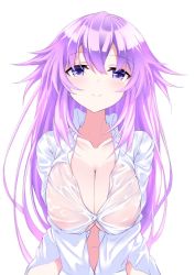 Rule 34 | 1girl, adult neptune, blush, bottomless, breasts, cleavage, commentary request, groin, hair between eyes, highres, large breasts, long hair, looking at viewer, midriff, naked shirt, navel, neptune (series), nijihasisiduki, no bra, no hairclip, no panties, own hands together, partially unbuttoned, purple eyes, purple hair, see-through, shin jigen game neptune vii, shirt, simple background, smile, solo, very long hair, wet, wet clothes, wet shirt, white background, white shirt