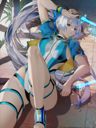 Rule 34 | 1girl, arm up, blue bow, blue jacket, blue one-piece swimsuit, bow, breasts, competition swimsuit, dual wielding, energy sword, fate/grand order, fate (series), hair between eyes, hair bow, highleg, highleg swimsuit, highres, holding, jacket, knee up, large breasts, long hair, looking at viewer, lying, on back, one-piece swimsuit, parted lips, ponytail, red eyes, sandals, short sleeves, silver hair, swimsuit, sword, thigh strap, thighs, tomoe gozen (fate), tomoe gozen (swimsuit saber) (fate), tomoe gozen (swimsuit saber) (first ascension) (fate), tsujieiri, two-tone swimsuit, weapon, white one-piece swimsuit