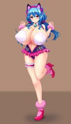 Rule 34 | 1girl, animal ears, blue hair, blush, breasts, bridal garter, btk, cat ears, cleavage, covered erect nipples, curvy, detached collar, female focus, frills, full body, hair ornament, hair ribbon, high heels, highres, huge breasts, jewelry, lingerie, long hair, looking at viewer, navel, original, panties, pink eyes, ribbon, shiny skin, simple background, solo, standing, standing on one leg, thick thighs, thighs, underwear, wide hips
