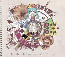 Rule 34 | 1girl, aqua hair, bass guitar, bug, butterfly, clock, cuffs, detached sleeves, electric guitar, flower, guitar, hair flower, hair ornament, handcuffs, hatsune miku, headphones, insect, instrument, kneehighs, loafers, microphone, microphone stand, piano keys, railroad crossing, shoes, sitting, skirt, smile, socks, solo, striped clothes, striped socks, tamajam, twintails, vocaloid