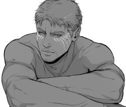 Rule 34 | 1boy, bara, blonde hair, brauniesb, crossed arms, facial hair, facial mark, goatee stubble, greyscale, highres, looking at viewer, male focus, mature male, monochrome, muscular, muscular male, mustache stubble, nude, reiner braun, shingeki no kyojin, short hair, solo, spoilers, spot color, stubble, upper body, yellow eyes
