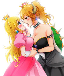 Rule 34 | 2girls, absurdres, arm grab, armlet, assertive female, asymmetrical docking, bare shoulders, black dress, blonde hair, blue eyes, blue gemstone, bowsette, bracelet, breast press, breasts, cleavage, collar, couple, crown, dress, earrings, embarrassed, eye contact, face-to-face, from side, gem, grabbing another&#039;s chin, half-closed eyes, hand on another&#039;s chin, head back, highres, horns, imminent kiss, interspecies, jewelry, large breasts, leaning, leaning back, leaning forward, long dress, long hair, looking at another, mario (series), medium breasts, monster girl, multiple girls, nail polish, nanashiki fuuka, new super mario bros. u deluxe, nintendo, open mouth, pink dress, pointy ears, ponytail, princess, princess peach, puffy short sleeves, puffy sleeves, purple nails, red eyes, red gemstone, shell, short sleeves, shy, simple background, spiked armlet, spiked bracelet, spiked collar, spiked shell, spikes, standing, strapless, strapless dress, super crown, sweatdrop, tongue, tongue out, white background, yuri