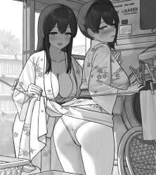 Rule 34 | 2girls, akagi (kancolle), ass, blush, breasts, cleavage, clothes pin, clothesline, collarbone, greyscale, hair between eyes, indoors, japanese clothes, kaga (kancolle), kantai collection, kimono, large breasts, laundry, long hair, monochrome, multiple girls, open mouth, panties, shijukara (great tit), side ponytail, sidelocks, smile, underwear, window