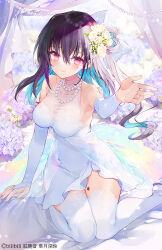 Rule 34 | 1girl, bare shoulders, black hair, blue hair, blurry, blurry background, breasts, bridal gauntlets, cleavage, closed mouth, collarbone, commentary request, covered collarbone, curtains, depth of field, dress, floral background, flower, hair between eyes, hair flower, hair ornament, hand up, jewelry, kurenai akane, long hair, looking at viewer, medium breasts, mole, mole under eye, multicolored hair, necklace, pearl necklace, project-sp, purple flower, red eyes, rose, satsuki misuzu, shoes, sitting, sleeveless, sleeveless dress, smile, solo, thighhighs, two-tone hair, virtual youtuber, wariza, white dress, white flower, white footwear, white rose, white thighhighs