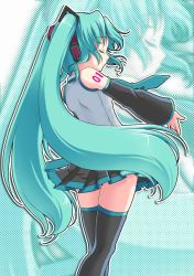 Rule 34 | detached sleeves, closed eyes, green hair, hatsune miku, long hair, solo, thighhighs, twintails, very long hair, vocaloid