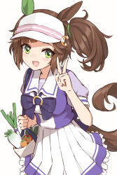 Rule 34 | 1girl, :d, animal ears, bag, bow, bowtie, brown hair, carrying, green eyes, hand up, highres, horse ears, horse girl, horse tail, ines fujin (umamusume), looking at viewer, mikuru ism, open mouth, puffy short sleeves, puffy sleeves, purple bow, purple bowtie, purple shirt, radish, sailor collar, shirt, short sleeves, shoulder bag, side ponytail, simple background, skirt, smile, solo, spring onion, tail, umamusume, upper body, v, visor cap, white background, white skirt