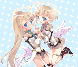 Rule 34 | 2girls, angel, angel wings, blonde hair, blue eyes, blush, braid, french braid, full body, halo, holding hands, highres, kyuuri (miyako), liliana hart, long hair, low wings, misty sheikh, multiple girls, open mouth, pleated skirt, pointy ears, ponytail, pop-up story, skirt, smile, white wings, wings