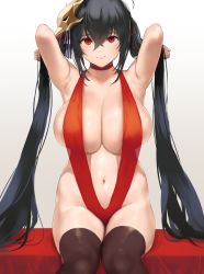 Rule 34 | 1girl, adapted costume, armpits, arms up, azur lane, bikini, black hair, black thighhighs, breasts, choker, cleavage, curvy, dress, gradient background, groin, hair between eyes, hair ornament, hair ribbon, highres, huge breasts, long hair, looking at viewer, navel, nekoshoko, one-piece swimsuit, red bikini, red eyes, red one-piece swimsuit, ribbon, sitting, slingshot swimsuit, smile, solo, stomach, swimsuit, taihou (azur lane), thighhighs, very long hair