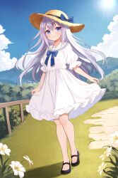 Rule 34 | 1girl, blue eyes, blush, bow, bowtie, commission, day, daysss, dress, female focus, flower, full body, grey hair, hat, highres, long hair, looking at viewer, mary janes, original, outdoors, sailor collar, sailor dress, shoes, skeb commission, skirt hold, sky, smile, solo, standing, straw hat, sun hat, very long hair