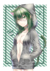 Rule 34 | 1girl, alternate costume, bad id, bad pixiv id, blush, breasts, cat, cat tail, collar, green eyes, green hair, hair between eyes, heterochromia, highres, hood, hoodie, kantai collection, kiso (kancolle), large breasts, long hair, looking at viewer, naked hoodie, open mouth, paw print, paw print background, solo, striped, striped background, tail, yuihira asu