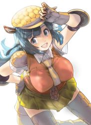Rule 34 | 1girl, animal ears, arm up, armadillo ears, armadillo tail, armor, armpit peek, black eyes, black hair, breasts, chikuwa (tks), collared shirt, commentary request, dutch angle, elbow pads, fingerless gloves, floating hair, giant armadillo (kemono friends), gloves, hand on headwear, hand on own hip, hat, highres, kemono friends, large breasts, leaning forward, long hair, looking at viewer, miniskirt, necktie, open mouth, parted bangs, pleated skirt, shirt, short sleeves, shoulder armor, skindentation, skirt, smile, solo, sweater vest, tail, teeth, thighhighs, up sleeve, upper teeth only, wing collar, zettai ryouiki