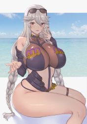 Rule 34 | 1girl, absurdres, bare hips, bare shoulders, beach, braid, braided ponytail, breasts, cleavage, clothing cutout, come hither, curvy, detached sleeves, elbow gloves, eyewear on head, from side, gloves, granblue fantasy, halterneck, hand up, heart, highres, impossible clothes, large breasts, legs together, magisa (granblue fantasy), moshoko (mizuneroku), navel cutout, plump, seductive smile, see-through, see-through cleavage, sitting, smile, sunglasses, swimsuit, thick thighs, thigh strap, thighs, twin braids, twintails, white hair