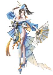 Rule 34 | 1girl, absurdres, alternate costume, alternate eye color, animal print, bare shoulders, bell, black hair, blue eyes, blue kimono, blue sleeves, breasts, cat print, chinese commentary, choker, cleavage, collarbone, crossed legs, earrings, facial mark, fatal fury, female focus, forehead, forehead mark, full body, hair ornament, hairpin, hand fan, hand up, heterochromia, high heels, high ponytail, highres, holding, japanese clothes, jewelry, kimono, king.cc, large breasts, long bangs, long hair, long sleeves, makeup, mask, mask on head, mole, neck bell, off shoulder, platform footwear, platform heels, red lips, shadow, shiranui mai, simple background, single thighhigh, smile, solo, standing, tassel, tassel earrings, thighhighs, thighs, v-shaped eyebrows, wangzhe rongyao, white background, white choker, wide sleeves