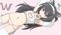 Rule 34 | 1girl, :p, alpha transparency, arms up, bell, black hair, bra, brown eyes, cat cutout, cat ear panties, cat lingerie, choker, cleavage cutout, closed mouth, clothing cutout, commentary, flat chest, frilled bra, frills, girls und panzer, gloves, groin, hairband, half-closed eyes, long hair, looking at viewer, lowleg, lowleg panties, lying, meme attire, navel, neck bell, on back, panties, pink background, reizei mako, side-tie panties, simple background, smile, solo, string panties, tewarusa, thighhighs, tongue, tongue out, underwear, underwear only, white bra, white choker, white gloves, white hairband, white thighhighs