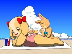 Rule 34 | 3girls, beach, bikini, rabbit, crying, crying with eyes open, day, dog, furry, furry female, happy, maple town, multiple girls, patty (maple town), retro artstyle, ribbon, rolly (maple town), siblings, sisters, sitting, smile, swimsuit, tears, ten