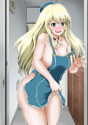 Rule 34 | 1girl, adapted costume, apron, apron lift, atago (kancolle), beret, blonde hair, blue apron, blue hat, blush, breasts, choker, clothes lift, collarbone, green eyes, hat, highres, jewelry, kantai collection, large breasts, lifting own clothes, long hair, naked apron, ring, solo, teeth, wedding band, yano toshinori