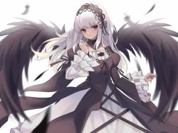 Rule 34 | 1girl, black dress, black feathers, black hairband, black wings, breasts, closed mouth, commentary request, dress, feathered wings, feathers, flower, hairband, highres, juliet sleeves, long hair, long sleeves, motion blur, puffy sleeves, red eyes, red flower, red rose, rose, rozen maiden, simple background, small breasts, smile, solo, suigintou, uuuu (xinguwu), very long hair, white background, white hair, wide sleeves, wings