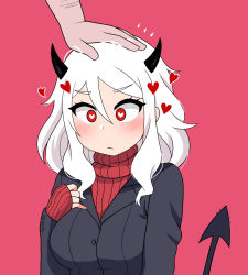 Rule 34 | 1girl, black horns, black suit, blush, breasts, demon girl, demon horns, demon tail, formal, headpat, heart, heart-shaped pupils, helltaker, highres, horns, large breasts, long sleeves, looking at viewer, modeus (helltaker), pink background, red eyes, red sweater, shirt, short hair, simple background, sleeves past wrists, solo, suit, sweater, symbol-shaped pupils, tail, the only shoe, turtleneck, white hair