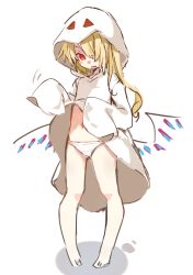 Rule 34 | 1girl, barefoot, blonde hair, blush, clothes lift, crystal, dress, flandre scarlet, full body, hair over one eye, hood, medium hair, no pupils, one side up, open mouth, panties, pantyshot, paragasu (parags112), red eyes, simple background, sketch, skirt, skirt lift, sleeves past fingers, sleeves past wrists, solo, standing, touhou, underwear, white background, white dress, white panties, wings