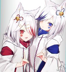 Rule 34 | 2girls, :d, absurdres, animal ear fluff, animal ears, bell, blue eyes, blue hair, blush, closed mouth, commentary request, dated, facial mark, fang, fox ears, fox shadow puppet, gradient background, grey background, hair bell, hair ornament, hair over one eye, heterochromia, highres, hood, hood down, hoodie, jingle bell, long hair, long sleeves, mayogii, multicolored hair, multiple girls, open mouth, original, red hair, short eyebrows, signature, smile, streaked hair, thick eyebrows, upper body, v-shaped eyebrows, white background, white hair, white hoodie, wide sleeves, yellow eyes