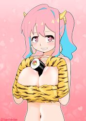 Rule 34 | 1girl, absurdres, animal print, artist name, bandeau, bare shoulders, between breasts, blue hair, blush, breasts, cleavage, commentary request, earrings, ehoumaki, food, food between breasts, grin, hair between eyes, hands on own chest, happyundergate, heart, heart background, highres, hoop earrings, horns, hozuki kaede, jewelry, large breasts, long hair, looking at viewer, makizushi, midriff, multicolored hair, nail polish, navel, onii-chan wa oshimai!, outline, partial commentary, pink background, pink eyes, pink hair, red nails, setsubun, sexually suggestive, side ponytail, sidelocks, simple background, simulated paizuri, smile, solo, sushi, tiger print, twitter username, two-tone hair, upper body, white outline