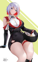Rule 34 | 1girl, baige0, bare shoulders, belt, black belt, black gloves, blue eyes, breasts, cleavage, colored inner hair, elbow gloves, feet out of frame, gloves, head tilt, honkai: star rail, honkai (series), large breasts, looking at viewer, multicolored hair, red hair, shirt, short hair, sitting, smile, solo, thigh strap, thighs, topaz (honkai: star rail), white background, white hair, white shirt