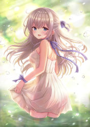 Rule 34 | 1girl, :d, absurdres, bare shoulders, blue eyes, blue ribbon, blush, bracelet, breasts, character request, clothes lift, copyright request, day, dress, dress lift, grey hair, hair ribbon, highres, jewelry, long hair, looking at viewer, looking back, medium breasts, moe2020, neck ribbon, open mouth, platinum blonde hair, ribbon, sakuraume, sleeveless, sleeveless dress, smile, solo, sundress, water, white dress