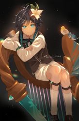 Rule 34 | 1boy, androgynous, bird, black background, black hair, blue hair, bow, braid, closed mouth, commentary request, crossed arms, flower, genshin impact, gradient hair, green eyes, hair flower, hair ornament, harp, highres, instrument, kneehighs, leaf, light particles, long sleeves, looking at viewer, male focus, misoshiru umai4, multicolored hair, shirt, shoes, short hair with long locks, shorts, side braids, sidelocks, simple background, sitting, smile, socks, solo, sparkle, twin braids, twitter username, venti (genshin concert) (genshin impact), venti (genshin impact), vest, white flower, white shirt, white socks