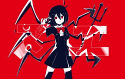 Rule 34 | absurdres, ahoge, black hair, bow, highres, houjuu nue, imlemoned, polearm, red background, red bow, red eyes, stylized, thighhighs, touhou, trident, weapon, wings