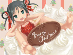 Rule 34 | 00s, 1girl, barefoot, black hair, cake, christmas, english text, engrish text, fang, feet, food, francesca lucchini, fruit, green eyes, in food, mini person, minigirl, nude, open mouth, pastry, ranguage, shikkaku, soles, solo, strawberry, strike witches, toes, twintails, world witches series